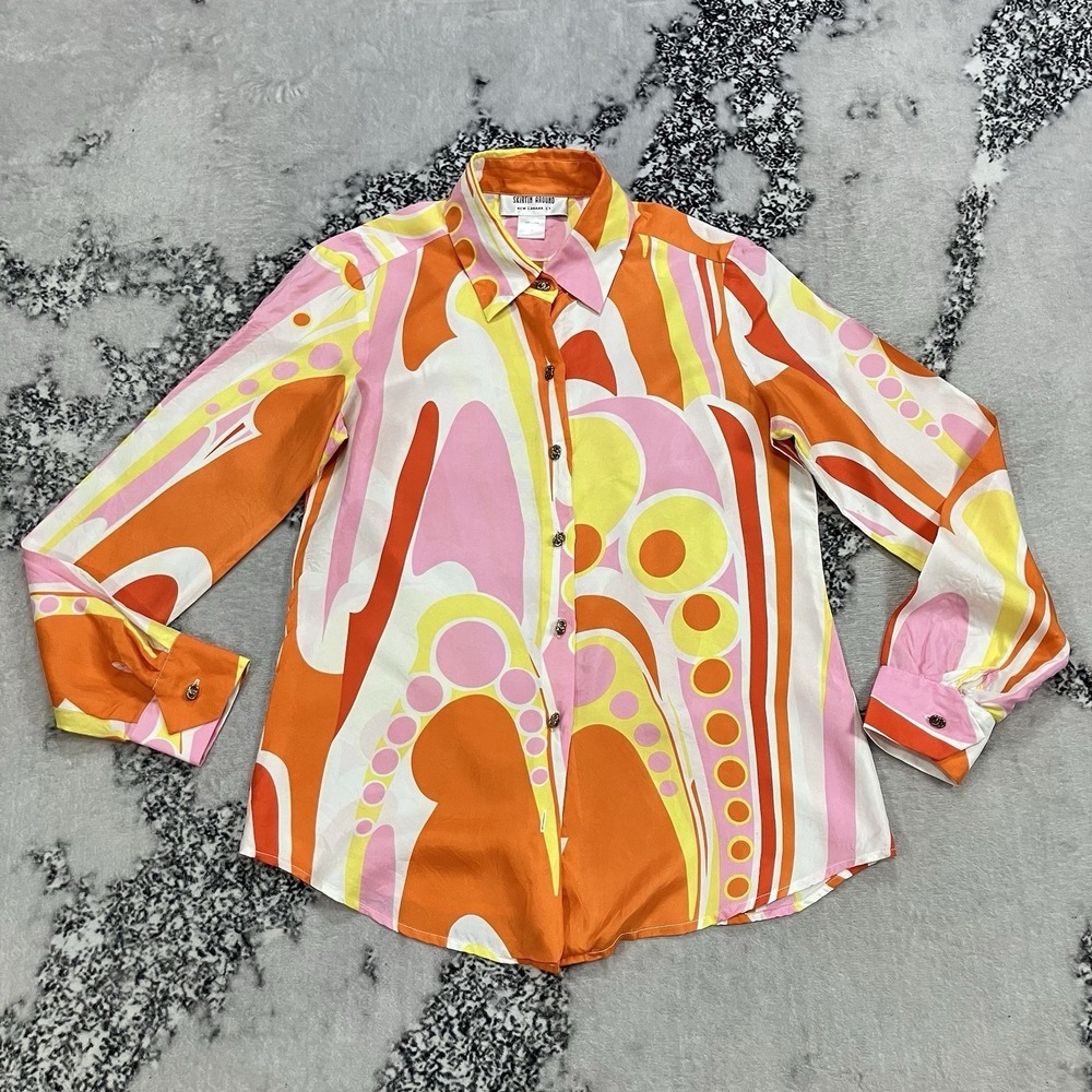 Skirtin Around 100% Silk Retro Mod Psychedelic Button Front‎ Blouse Size 4